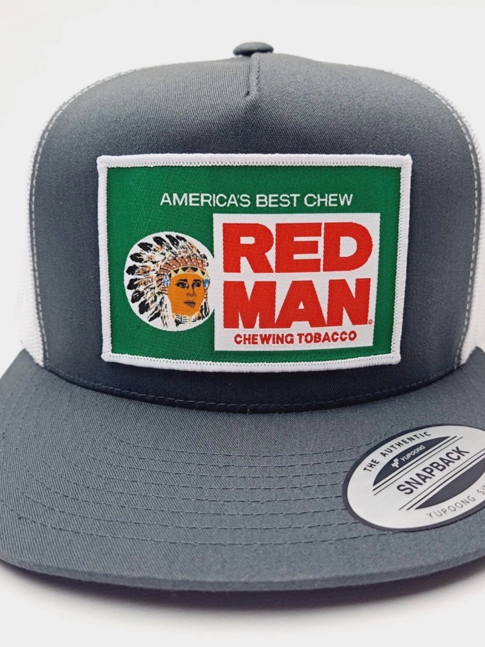 Red Man Woven Patch Flat Bill Mesh Snapback Cap Hat Gray & White